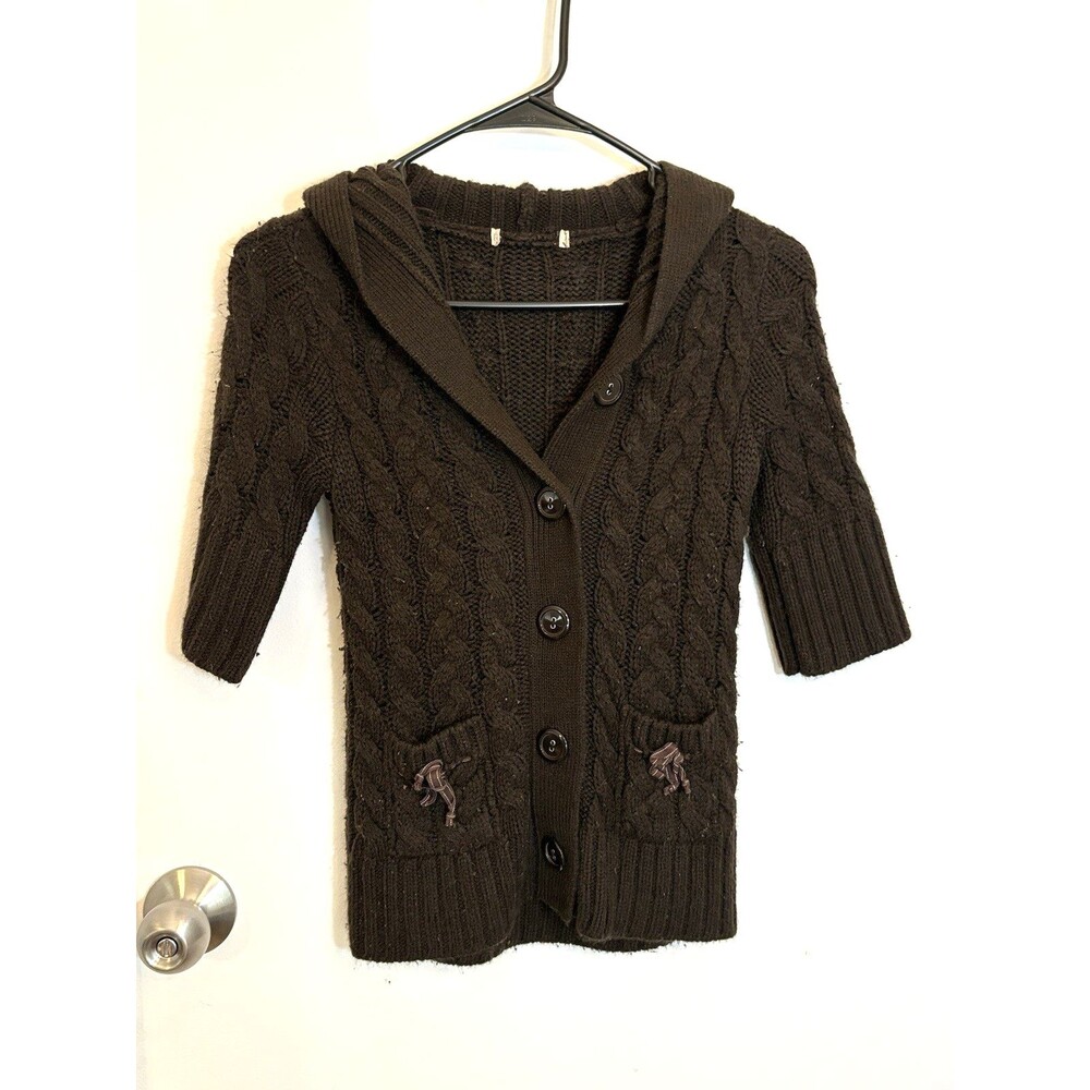 Vintage 3/4” Sleeve Dark Brown Hooded Cardigan Button Up